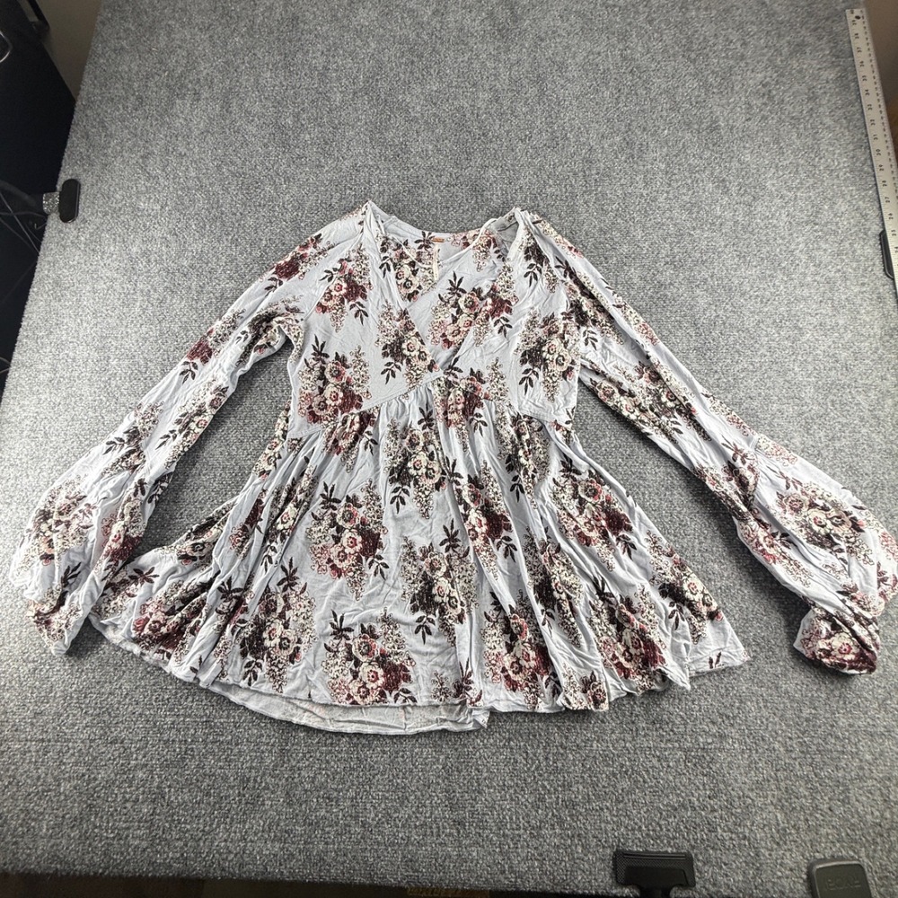 Free People Floral Babydoll Tunic Top Blue Burgundy Bell Sleeve Boho Medium